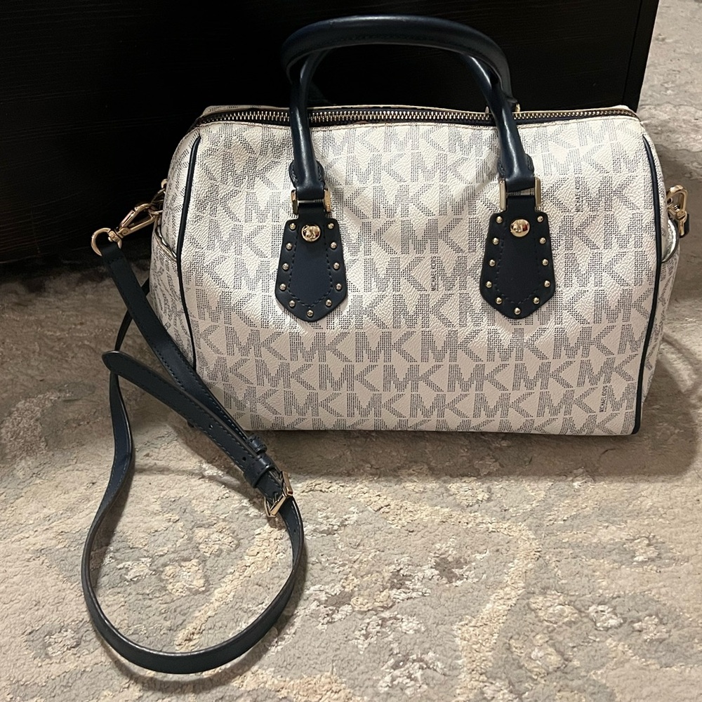 Michael Kors Blue and White Satchel with Gold Hardware